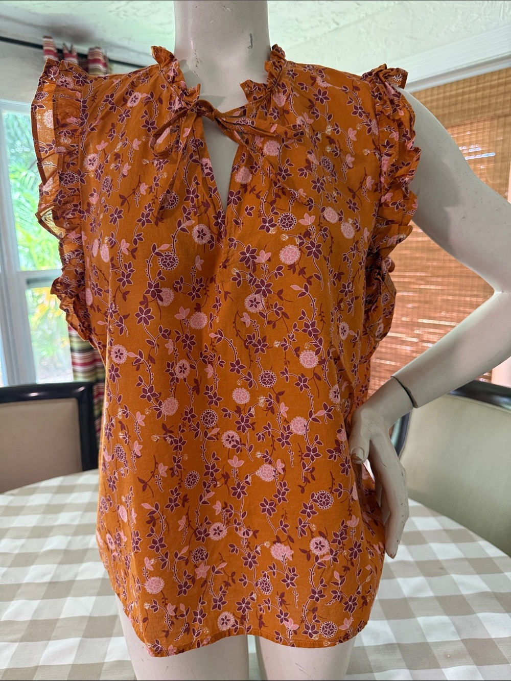 Ruffle Tie-Neck Floral Blouse in Orange